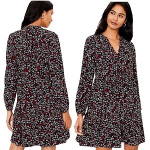 NWT LOFT Heart Tie Neck Dress Size XS Flowy Tiered Skirt Puffed Sleeve